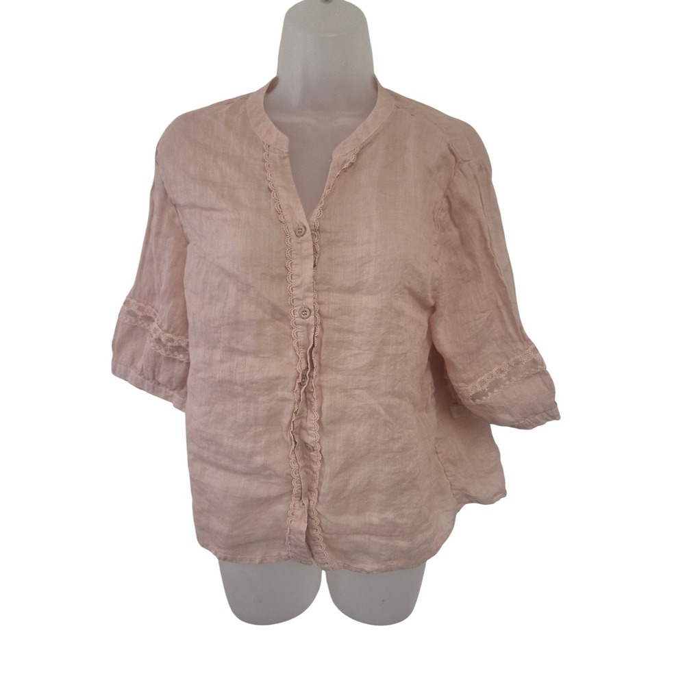 Womens Blush Pink Linen Blend Lace Trim Button Down Blouse 3/4 Sleeve Top